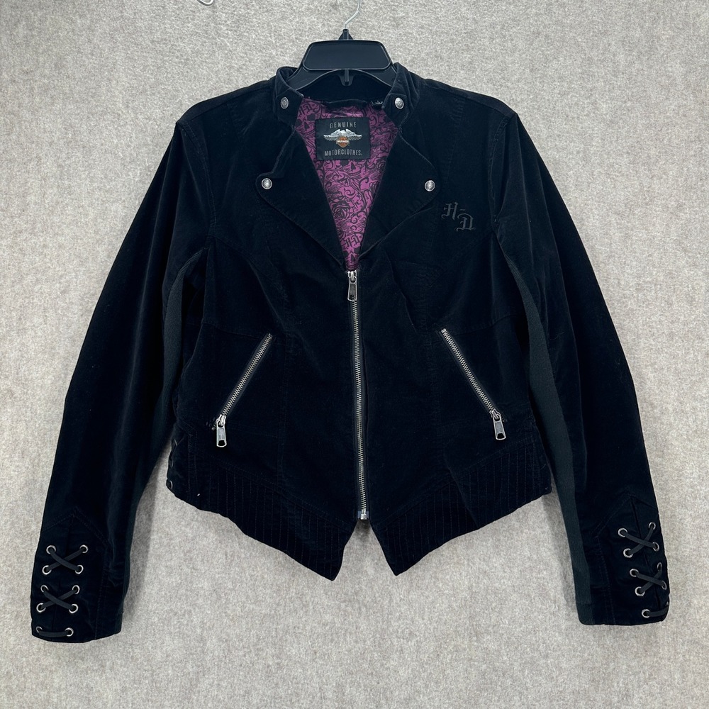 Harley-Davidson Womens Black Corduroy Moto‎ Jacket Purple Skull Lining Large
